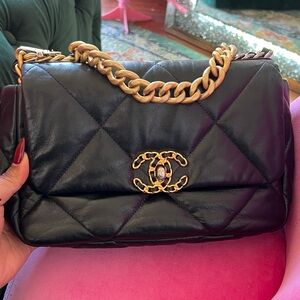 Black Quilted Leather Bag with Gold Chain